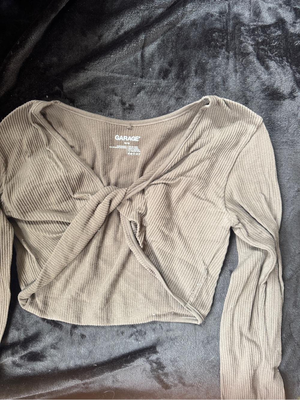 Garage brown Ribbed Long-Sleeve Tie-Front Crop Top